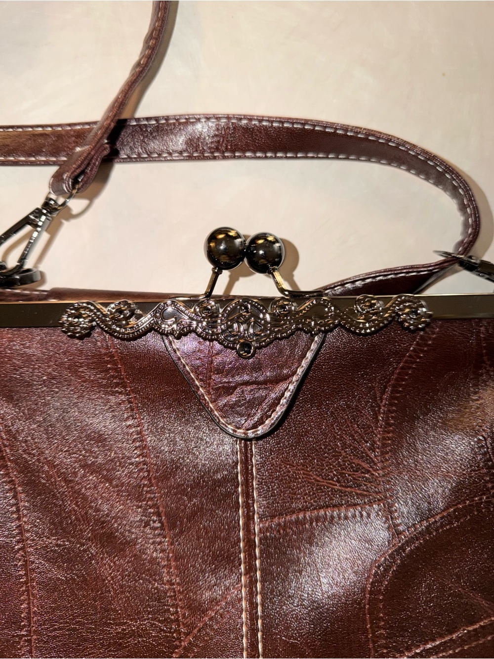 Vintage Style Brown Patchwork Kiss Lock Handbag Crossbody Frame Bag Satchel